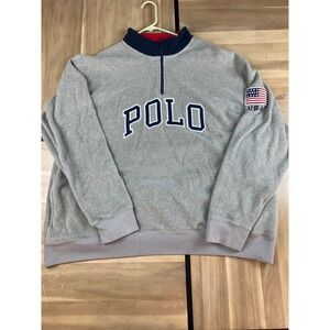 Polo Ralph Lauren Mens Fleece Quarter Zip Sweatshirt USA Flag Patch Gray Large